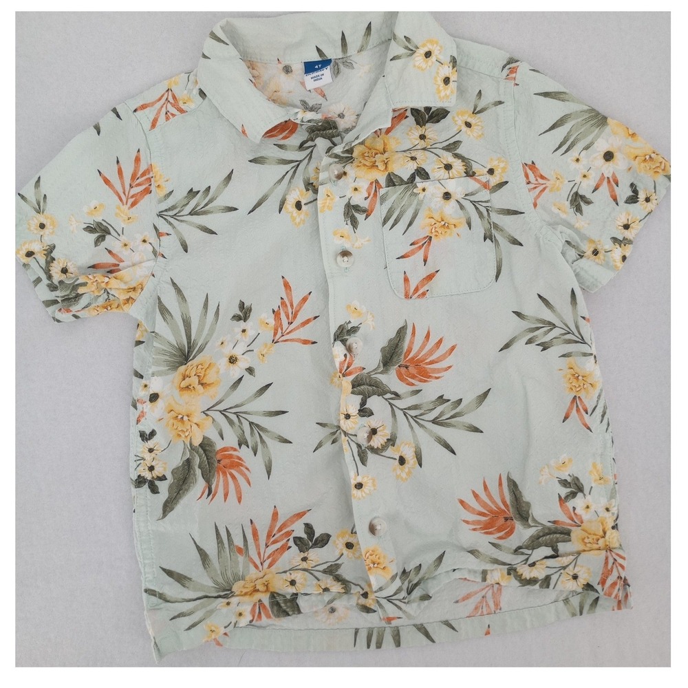 Old Navy Button Down Shirt Kids 4T Mint Green Floral Tropical Short Sleeve